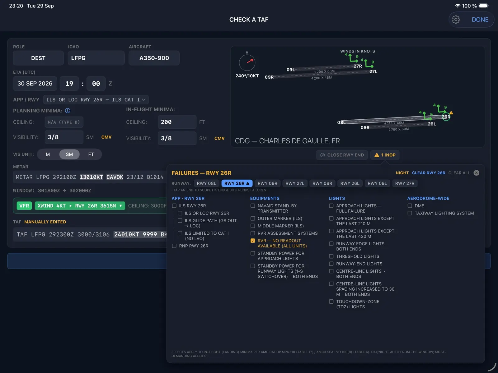 Verifica di un TAF in SwiftAssent EFB: venti per pista all’aeroporto, con apparati di avvicinamento fuori servizio che alzano i minimi di atterraggio.