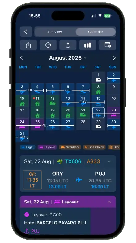 Monatskalender in RosterSwift Crew mit Diensten, freien Tagen und Layovers.