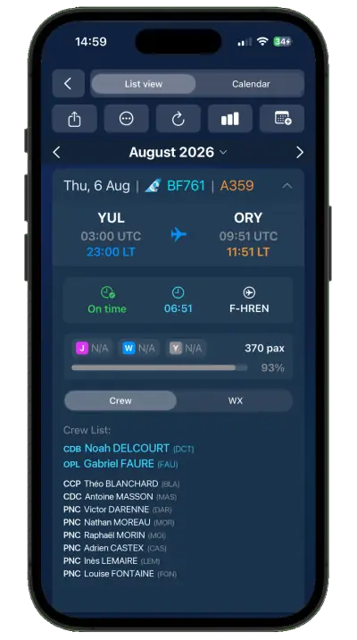 Ein Flug in RosterSwift Crew: Zeiten, Flugzeug, Kennzeichen und die Crewliste.