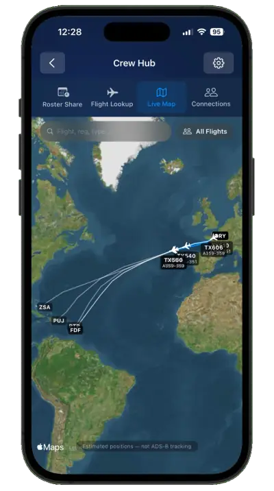 Die Live-Karte: die Flüge der Airline in der Luft.