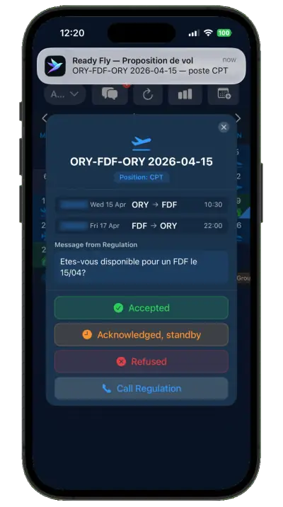 Una oferta Ready Fly en RosterSwift Crew: la rotación propuesta, con las opciones aceptar, en espera y rechazar.