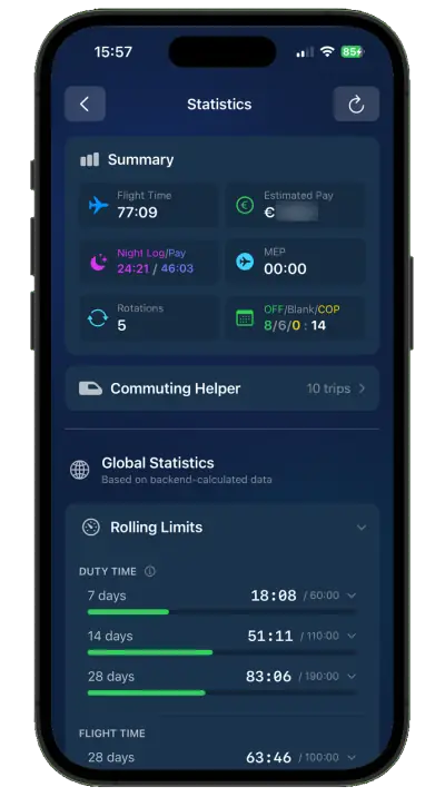 Die Statistikübersicht: Flugzeit, Positionierungen und Umläufe.
